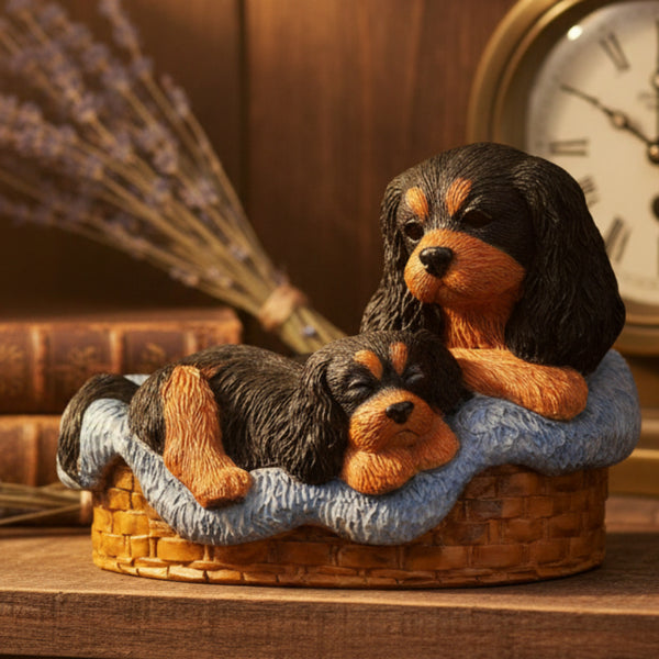 A decorative figurine of two black and tan dogs resting in a woven basket bed with a blue textured blanket