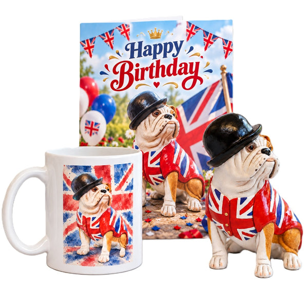 British Bulldog Figurine, Bulldog Mug & Bulldog Happy Birthday Card