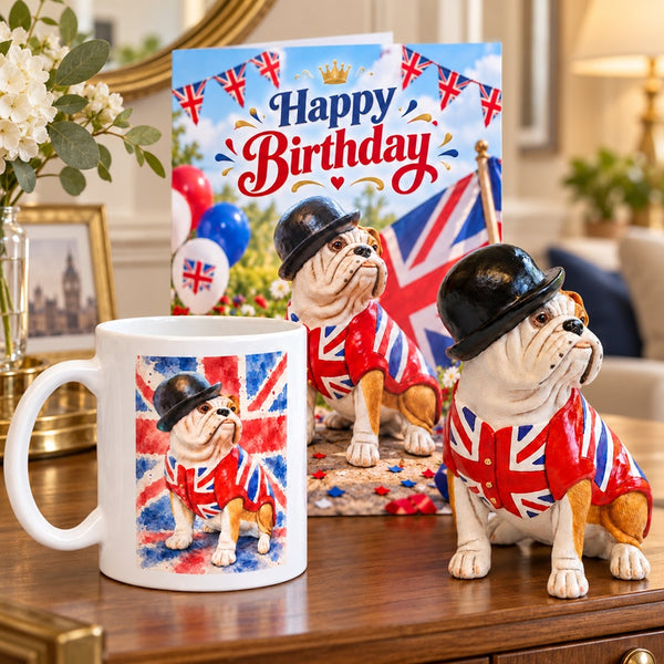 British Bulldog Figurine, Bulldog Mug & English Bulldog Happy Birthday Card