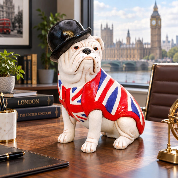 White British Bulldog Ornament with Union Jack Coat & Bowler Hat, Size 5 1/4 inch high