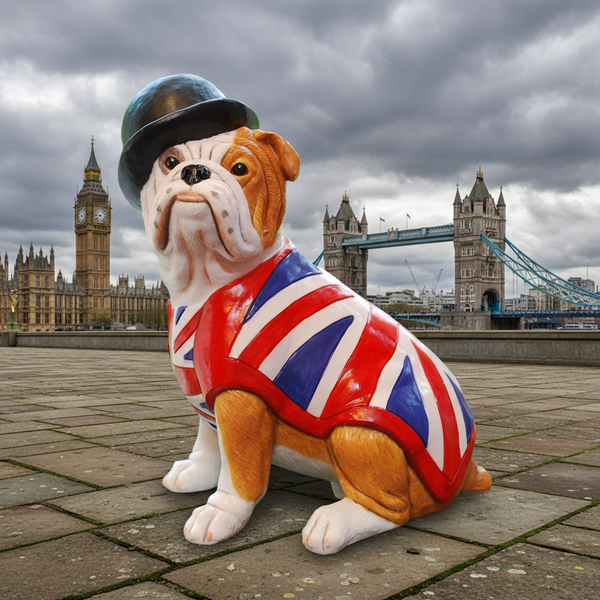 British Bulldog Figurine Gift with Union Jack Waistcoat and Bowler Hat, Handmade In England