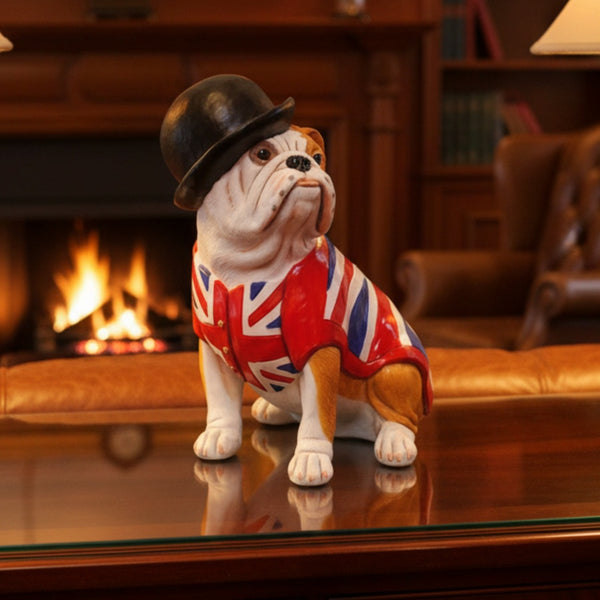 British Bulldog Figurine Gift with Union Jack Waistcoat and Bowler Hat, Handmade In England
