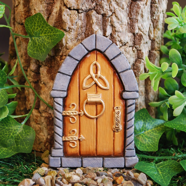 Celtic Fairy Door Painted Tan with Trinity Knot - Size 10cm high - In or Outdoors