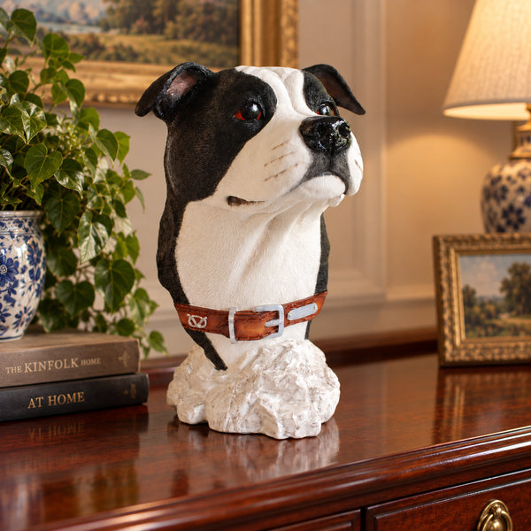 Black & White Staffordshire Bulldog Sculpture Bust - Size 7 3/4In high