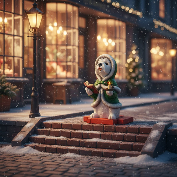 Westie figurine in green coat holding a book and candle on a snowy street.