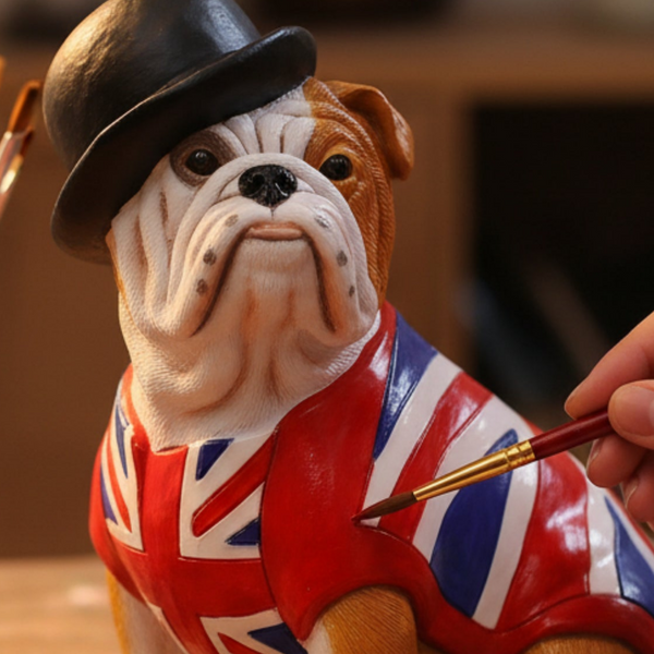 Dog figurine wearing a Union Jack coat and bowler hat on a glass table.