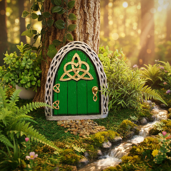 Large Green Celtic Fairy Door with Trinity Knot - Size 7.5Inch High - For In or Outdoor