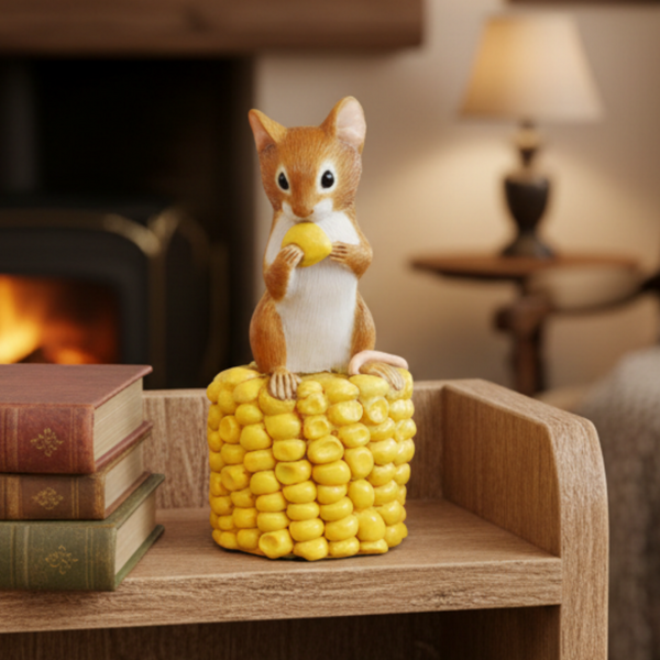 Mouse Figurine Perched on Corn Cob, Eating a kernel. A Quality Handcrafted Statue