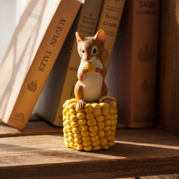 Mouse Figurine Perched on Corn Cob, Eating a kernel. A Quality Handcrafted Statue