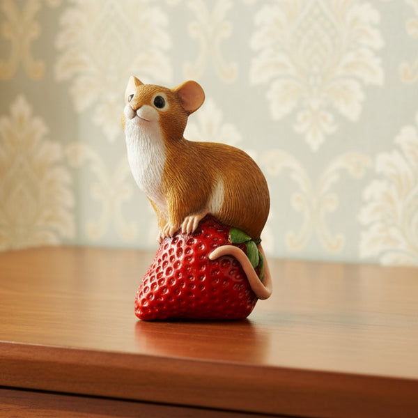 Mouse on Strawberry Figurine, Whimsical Woodland Decor