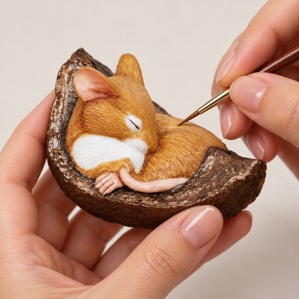 Sleeping Mouse Figurine In Conker Shell - Size 1 3/4in high