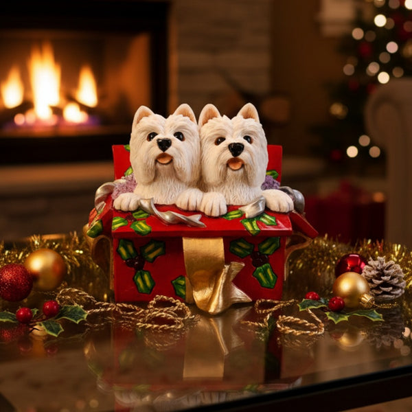 Westies Playing in Christmas Box, 3 Inch high, Hand Painted