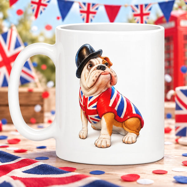 A white ceramic mug featuring a printed illustration of a bulldog wearing a Union Jack shirt and top hat, set against a festive British-themed background with bunting, flags, and confetti.