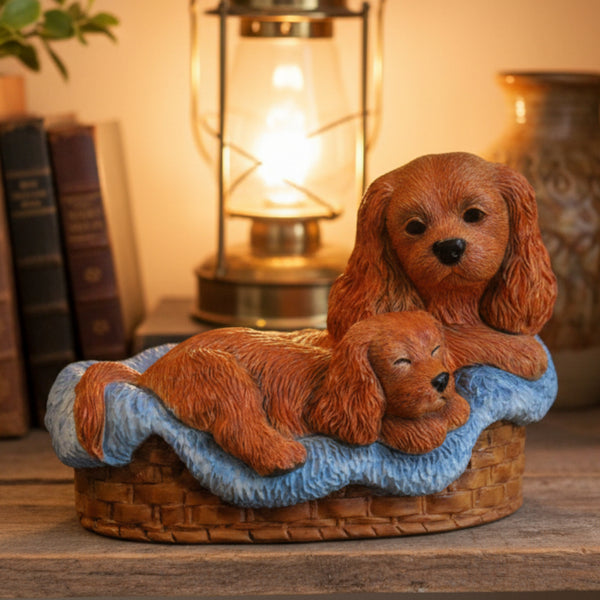 A decorative figurine of two reddish-brown dogs resting on a blue cushion inside a woven basket, 