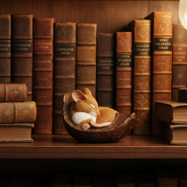 Sleeping mouse figurine inside a conker shell on a wooden surface