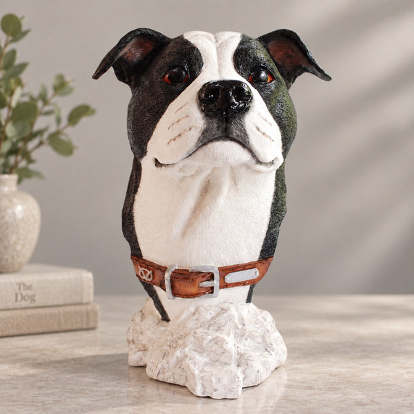 Black & White Staffordshire Bulldog Sculpture Bust - Size 7 3/4In high