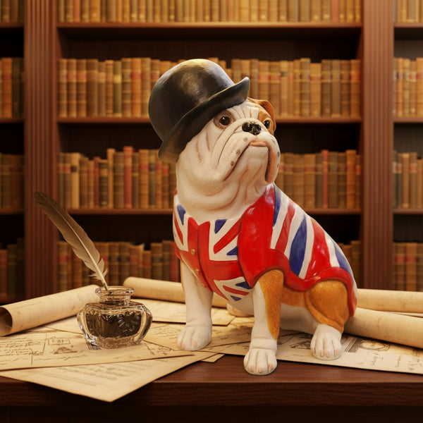 British Bulldog Figurine Gift with Union Jack Waistcoat and Bowler Hat, Handmade In England