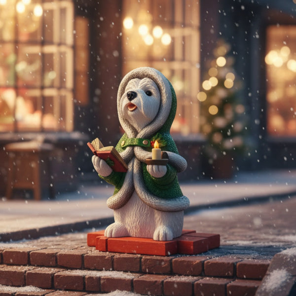 Westie figurine in green coat holding a book and candle on a snowy street.