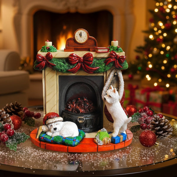 Christmas Festive Fun Westie Pups by the Fireside