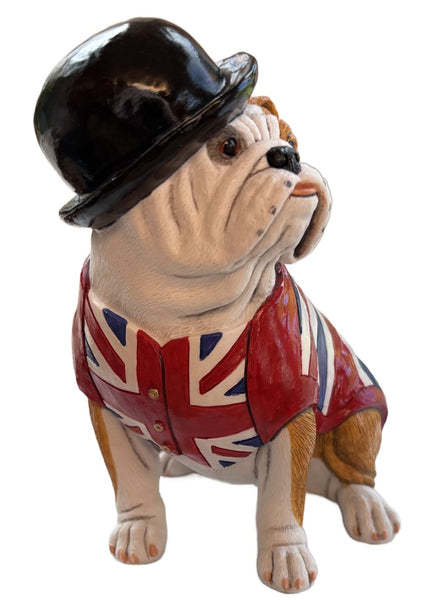 British Bulldog With Union Jack Waistcoat and Bowler Hat By Peakdalesculptures