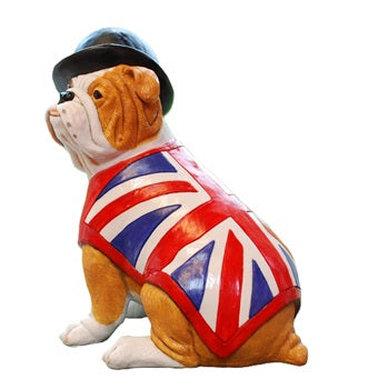 British Bulldog Figurine Gift with Union Jack Waistcoat and Bowler Hat, Handmade In England