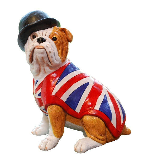 British Bulldog Figurine Gift with Union Jack Waistcoat and Bowler Hat, Handmade In England