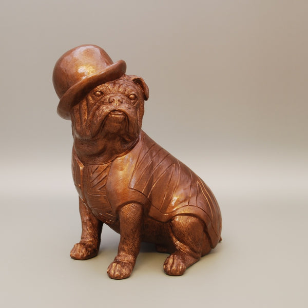 British Bulldog, Bowler Hat & Waistcoat, Antique Bronze, 5-1/4 Inch high, Fine Detail