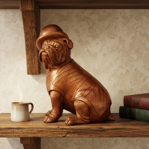 British Bulldog, Bowler Hat & Waistcoat, Antique Bronze, 5-1/4 Inch high, Fine Detail