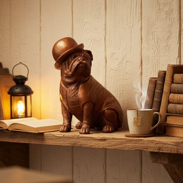 British Bulldog with Bowler Hat & Waistcoat - Hand painted Bronze - Size 5-1/4 inch high - Fine Detail
