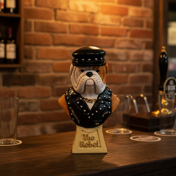 The Rebel Bulldog Figurine – Leather Jacket & Cap, Dog Collectible Statue, Size 5 3/4in high