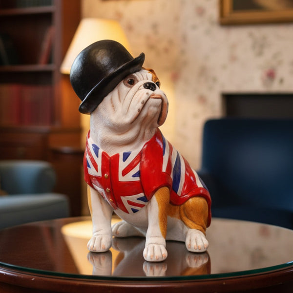 British Bulldog Figurine Gift with Union Jack Waistcoat and Bowler Hat, Handmade In England