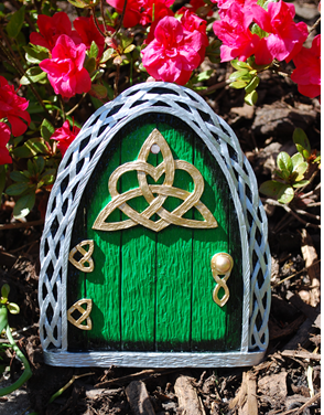 Large Celtic Fairy Door Painted Green with Trinity Knot Symbol - Size 7.5" High
