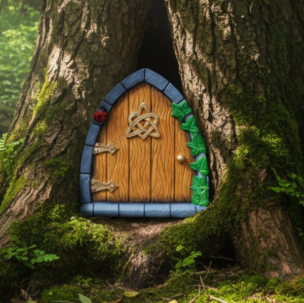 Celtic Irish Fairy Door, painted Tan with Trinity Knot, 9.5cm Tall
