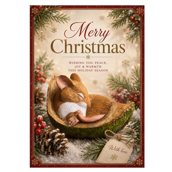 A festive Christmas greeting card featuring a sleeping mouse curled up inside a halved conker shell, surrounded by pine branches, red berries, snow, and the words 'Merry Christmas' in elegant red and gold lettering.