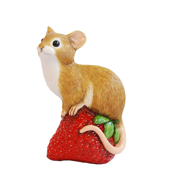 Mouse on Strawberry Figurine - Whimsical Woodland Decor Size 3in High