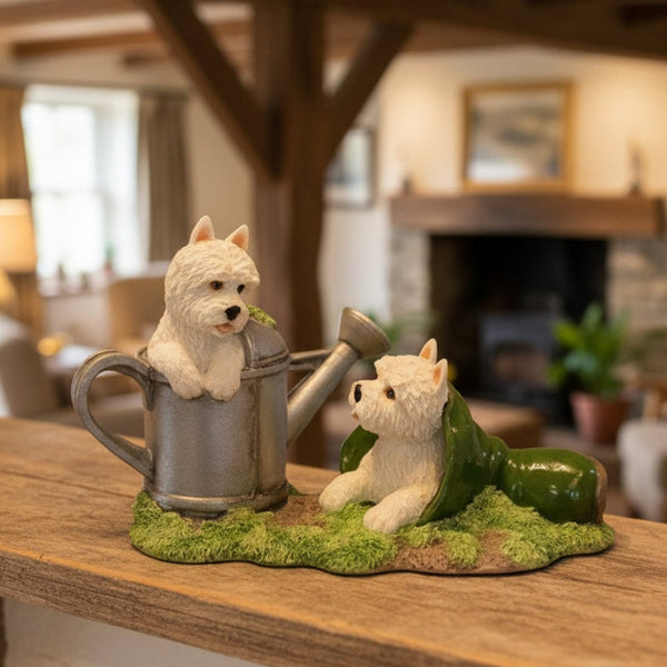 Westie Pups Playing with Watering Can