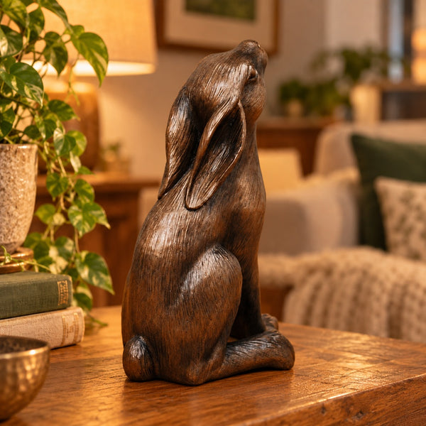 Bronze Moon Gazing Hare Sculpture | Home or Garden Ornament - 6 Inch High