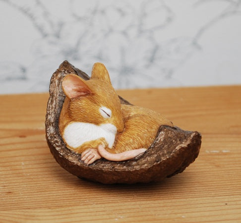 Mouse sleeping in Conker shell Ornament - Half Bronze Painted - Half Colour -  by Peakdalesculptures