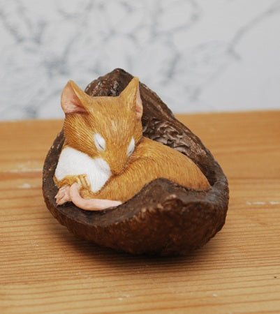 Mouse sleeping in Conker shell Ornament - Half Bronze Painted - Half Colour -  by Peakdalesculptures