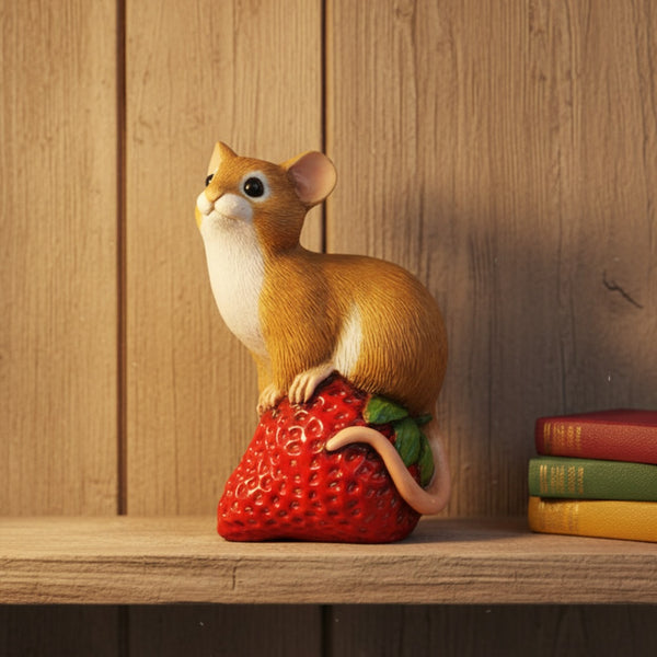 Mouse on Strawberry Figurine, Whimsical Woodland Decor