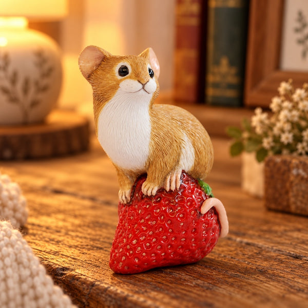 Mouse on Strawberry Figurine - Whimsical Woodland Decor Size 3in High