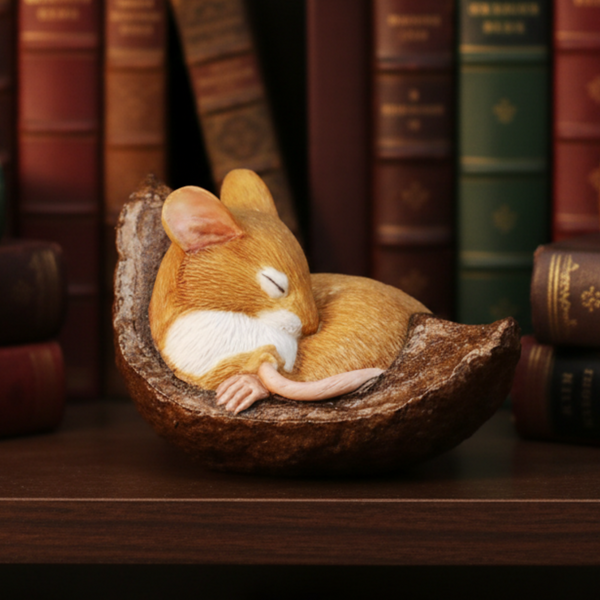 Sleeping mouse figurine inside a conker shell on a wooden surface