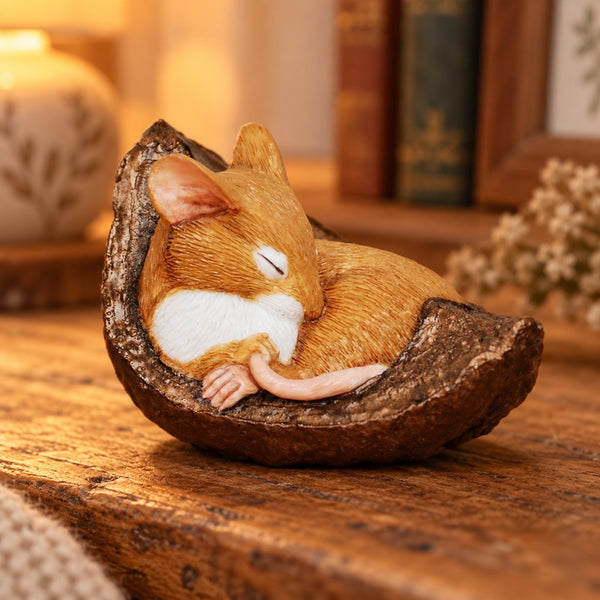 Sleeping Mouse in Conker Shell Figurine - Hand-Painted - 1 3/4in High