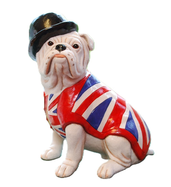 White British Bulldog Figurine with Union Jack Waistcoat and Bowler Hat Handmade and Painted In England