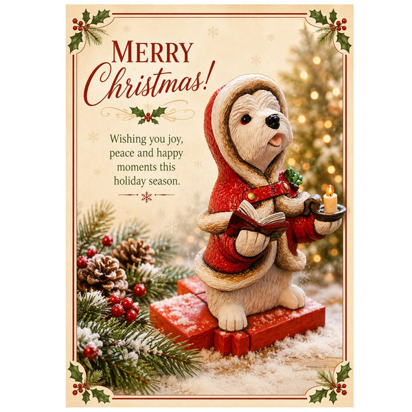 A festive Christmas greeting card featuring a small westie figurine dressed in a festive red hooded winters coat, holding a warm glowing candle. The card has a cream background with 'MERRY Christmas!' text, holiday greenery, pinecones, and a softly blurred Christmas tree in the background, Ai Generated for Peakdalesculptures