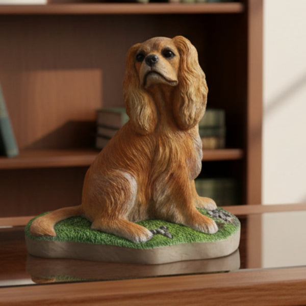 A figurine of a sitting Cavalier Spaniel dog on a grassy base