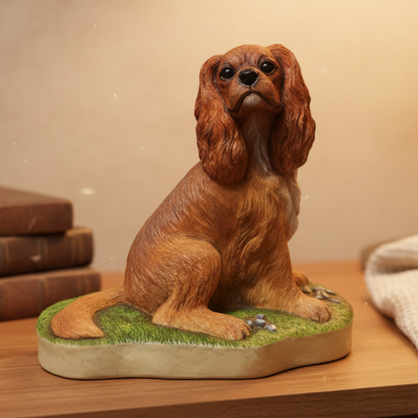 A figurine of a sitting Cavalier Spaniel dog on a grassy base