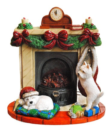 Christmas Festive Fun Westie Pups by the Fireside - Hand crafted by Peakdale Sculptures