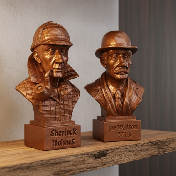 Sherlock Holmes & Dr Watson Figurine Bust - Hand Painted Bronze