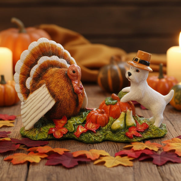 Decorative figurine of a turkey and a dog in a pilgrim hat with pumpkins and flowers on a white background